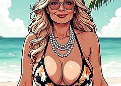 Bikini chicks with areola showing. Revealing bikinis can barely contain those babes's tits. Hot AI generated art fotos.