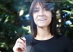 Pleasant fleshly Russian angel smokin' one cigarette outdoors in natural setting, soft light, calm mood, elegant posing, private close-up shots
