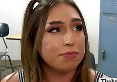 Teacher gets warm blowjob and analed TS cheerleader