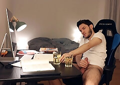 Gay student pissing and cumming in drinking glass while studying ✅