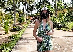 Wife walking and flashing large breasts in public