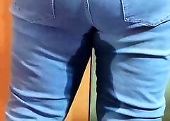 Despairing bulky mother I'd like to fuck pees in blue jeans