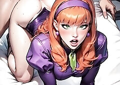 Daphne enjoying a 3some Doggy style with chasity strap on deepthroating a large dong