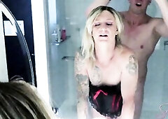 see the older blond crossdresser Heather Riggs show off her sluttiness in the bath with me PREVIOUS TO her scene ever begins as I bang her bareback an