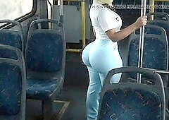 My small angel with an highly massive round booty is alone in the bus moving and twerking her huge soaked butt cheeks during the time that wearing con