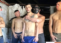 Masked dudes gang-banging a submissive guy