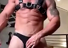Very Muscular Guy Feeling On His Cock Through Black Underwear