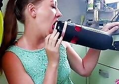 The bitch loves to experiment and dreamed of trying a threesome with a girl and her boyfriend. To imitate this fuck she used an artificial vagina. She