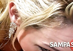 The blond tranny walked into the store just to try on a white underware set with a hot garter strap—but the pont of time that babe stepped into the 