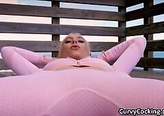 Kay is enjoying her time on the sun while stretching but her tits are out. No wonder that the first dude tried to pick her up.. successfully.