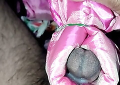 Satin-clad crossdresser enjoys a wild night of lingerie fun and cum stains