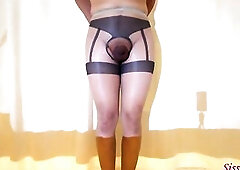 Dress: 1) Hawt Gray Open Crotch Hose with Fake Ebony Garter Patterned. two) Beige Ice Silk Pants. I feel so nice when my mushroom head gets rubbed wit