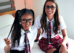 Asian college cutie shares nerdy Asian with her BF during wild threesome