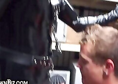 Gay pawn 3some fucked in office by latex bottom n his buddy