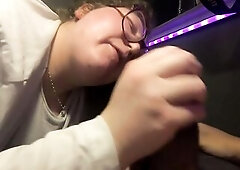 white chubby nerd gal gives blow job to mixed schlong and watches him cum