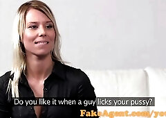 FakeAgent Classy blonde takes two dicks in casting