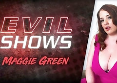 Big-boobed chick Maggie Green opens her hungry pussy for a toy