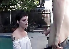 Flat chested brunette tranny cutie is facialized after being screwed