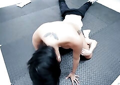 Rina Ellis is teaching cuties in self defense techniques but during the time that she’s wrestling with her student Monica Asis this babe disrobes he