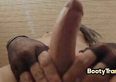 Bigass Transgender chick in nylons and gloves drilled in constricted anal gap