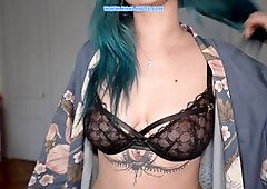 Super sexy French influencer with blue hair heats things up