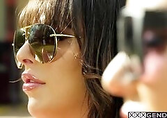 Kenzie Taylor fucked by big cock shemale Chanel Santini after sunbathing and busty tranny pleased big tits MILF Horny tranny and MILF in bikini became