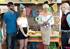 Anya Olsen and Samantha Hayes are enjoying a local festivity while having a casual threesome