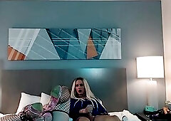 Very Sexy Blond Femboy Jerking Off with Redhead Trans Woman