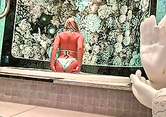 Seduced a stranger in the spa in a skimpy bikini. He comes to me in the jacuzzi and gets a blowjob. After a cock massage with my feet, I rub my big ro