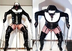 Kinky nun in latex and thigh-high boots shoots jizz everywhere while using a fleshlight