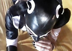 Oral sex deepthroat on hot white and ebony clothing. High heels and hose POV