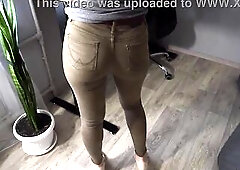 Sexy Secretary In Denim Panties Teases Butt And Visible Panty Line