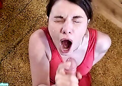 Blameless cutie in red suit massive cum facial