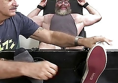 Hunky bearded gay with glasses tied up for tickling torment