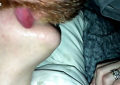 She teases my sensitive foreskin with her tongue until I cum on her face then kiss her through the mess