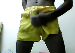 jerk with yellow nylon shorts and cum on blue adidas