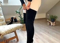 hot slut wearing white leggings, black suede overknee boots and latex gloves for spreading ass sex