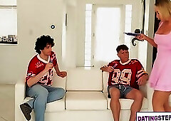 Huge tits mature stepmom fucks stepson and his buddy in a 3some