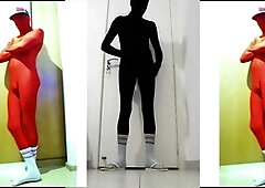 Joy at home in a sexy ebony zentai outfit