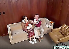 Lola Aiko bending over the couch taking deep Dr Fitzwells huge curved cock