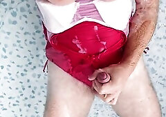 Sissy wearing one piece Red swimsuits swimming in polo and yerking