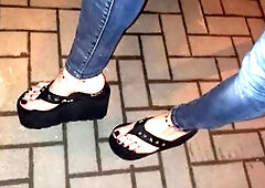Outdoor crossdressing in high heels and platform g-strings