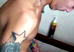 Tattooed amateur German guy fucks BFs ass before shower BJ