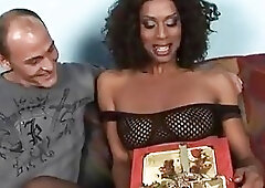 Black and busty tranny getting her cock sucked before fucked