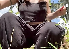Freaky brunette with hairy pussy loves peeing outdoors