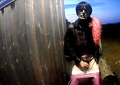 sissyslut in taut leather pulverizes her bootie and spunk in public