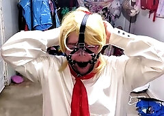 PVC office lady Gracidea ball-gagged and tied up with various vibrators in her panties