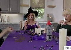 Slut teen Coco Lovelock is hiding under the table while TS Emma Rose and Brittney Kade are playing.She throats their hard shecocks passionately and af