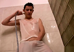 Brunette teen 18+ guy is hotly fondling dick in shower