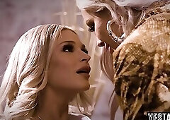 Desperate blonde fucks big tits lesbian interviewer to land a job